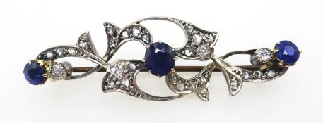 Edwardian sapphire and diamond, leaf design bar brooch Condition Report Length = 4.