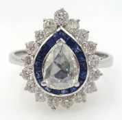 18ct white gold diamond and sapphire cluster ring, rose cut pear shaped diamond approx 0.