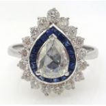 18ct white gold diamond and sapphire cluster ring, rose cut pear shaped diamond approx 0.