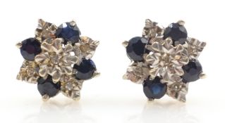 Pair of 9ct white gold sapphire and diamond cluster stud ear-rings,