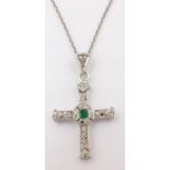 Emerald and diamond cross pendant necklace hallmarked 18ct Condition Report Chain