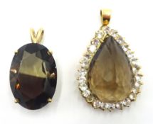 Gold smoky quartz pear shaped cluster dress pendant stamped 18kt and a similar pendant hallmarked