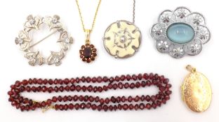 9ct gold garnet cluster pendant necklace hallmarked, similar bead necklace, gold locket,