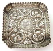Elizabethan I 1587 coin set in a Victorian silver square pin tray with floral decoration and raised