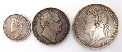 Three Great British King George IV silver coins; 1826 shilling,