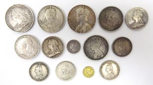 Collection of silver coins and medals including; Queen Victoria gothic florin, 1894 half crown,