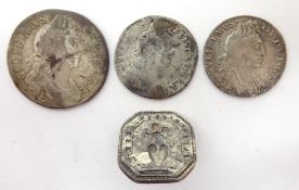 Three William III silver coins; 1696 shilling with E mintmark and two sixpence pieces,