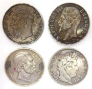 Two French five franc coins, 1834 and 1856, Belgian five franc coin,