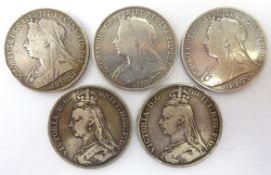 Five Great British Queen Victoria crowns, two 1889, one 1895,