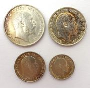1902 King Edward VII Maundy coin set; fourpence, threepence,