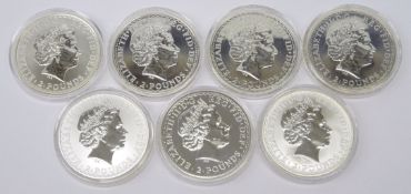 Seven one ounce fine silver Britannias; 1998, 2000, 2003, 2006, 2007, 2008 and 2009,