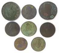 Collection of eight copper coins/tokens including; Charles II farthing 1672,