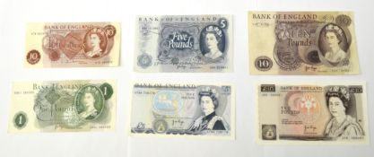 Six Great British banknotes; Hollom ten shillings, prefix '97K', Page series C one pound,