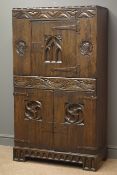 20th century oak chest, Gothic style carvings, two cupboards and centre drawer, W76cm, H138cm,