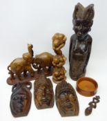 Native hardwood carvings including female figure, masks,