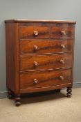 Victorian mahogany bow front chest, two short and three long drawers, turned supports, W108cm,
