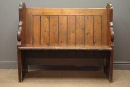 19th century pine church pew, solid end supports, (W116cm, H97cm, D55cm),