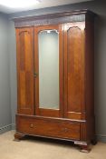 Edwardian mahogany wardrobe, projecting cornice, blind fret work above mirrored door, one drawer,