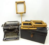 Underwood manual typewriter, black Japanned tin deed box W41cm,