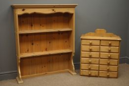 Pine two tier bookcase (W89cm, H105cm, D22cm) and miniature pine chest, twelve small drawers,