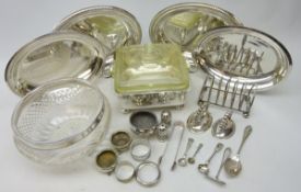 Pair of EPNS oval entree dishes and covers, vegetable dish, cut glass bowl with silver-plated rim,