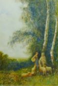 Shepherd and Shepherdess with Lambs, watercolour signed by Frederick Hines (British fl.