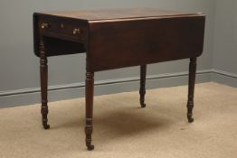 19th century mahogany drop leaf Pembroke table, one end drawer, turned supports with castors, W52cm,