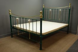 Victorian style polished brass and green painted wrought metal king size bedstead with bed base