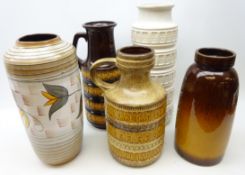 Five West German vases/ stick stands and another similar style vase,