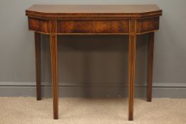 Early 19th century mahogany inlaid tea table, folding canted top, square tapering supports,