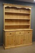 Pine farmhouse style dresser, projecting cornice above four shelves,