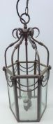 Hanging hall lantern, painted metal frame with six glass panels,