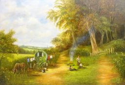 Gypsy Camp Scene, 20th century oil on canvas mounted onto board signed J.