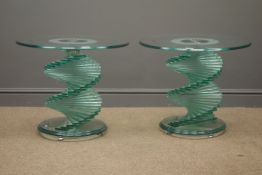 Pair glass tables, circular top, frosted and brush steel patterning,