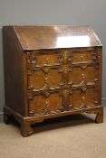 Late 18th century oak fall front bureau, fitted interior, three graduating drawers,