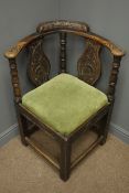 19th century oak corner chair, floral carved, turned arm supports,