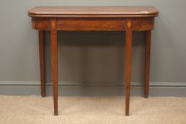 19th century mahogany D-shaped folding tea table, geometric inlaid frieze, square tapering supports,