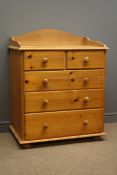 Pine chest, raised and shaped back, two short and three long drawers, turned supports, W87cm,