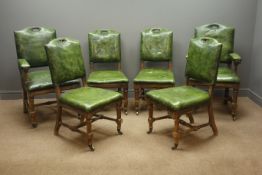 Set six Edwardian oak dining chairs (4+2), studded and upholstered in dark green leather,