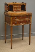 Small reproduction yew wood ladies writing desk, three small drawers flanked by two pigeon holes,