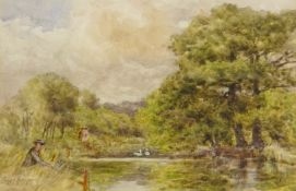 Figures in a Lakeland Landscape with Swans, early 20th century watercolour signed by Edgar Bingley,