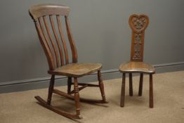 19th century elm and beech farmhouse rocking chair with turned supports and an oak spinning chair