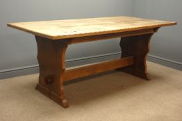 Rectangular oak refectory table, scalloped edges, solid end supports joined by stretcher, W91cm,