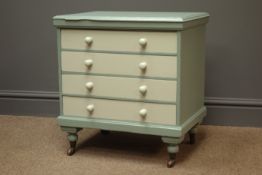 Early 20th century chest, sage and nordic spa finish, four drawers, turned supports, W49cm, H52cm,