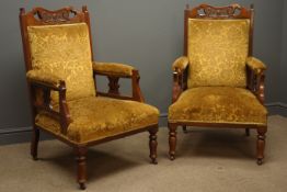 Pair Edwardian walnut framed drawing room arm chairs, carved cresting rail,