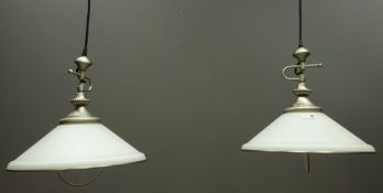 Pair modern rise and fall pendants light fittings with opaque shades,