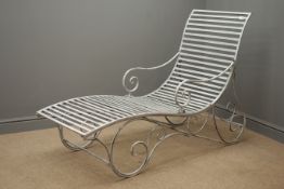 Silver finish wrought metal scrolled garden lounger H100cm, W60cm,