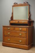 Edwardian walnut dressing chest, raised mirror back with shaped pediment above two trinket drawers,
