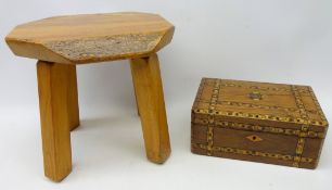 Victorian Tunbridge Ware decorated jewellery box with fitted interior and an oak stool with shaped