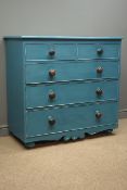 Early 20th century pine chest, two short three long drawers, teal finish, turned supports, W109cm,